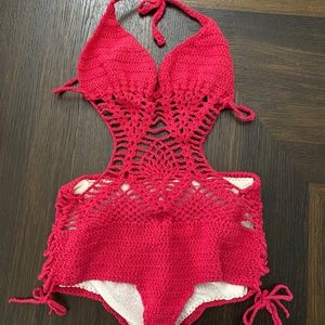 Red Crochet Monokini Bathing Suit